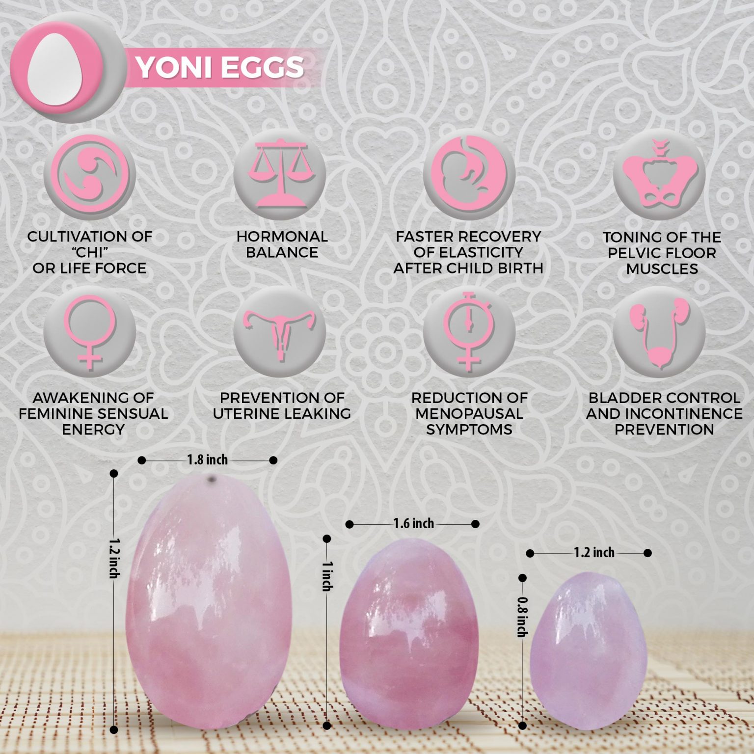 Set Of 3 Yoni Eggs Rose Quartz Sacred Weapon